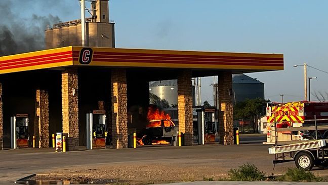 A pickup truck exploded after catching fire at the gas pump at the Cefco in Claude. (Courtesy: Kate Butler)