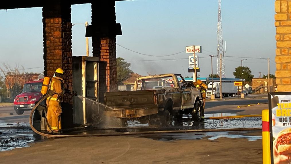 {p}A pickup truck exploded after catching fire at the gas pump at the Cefco in Claude. (Courtesy: Kate Butler){/p}