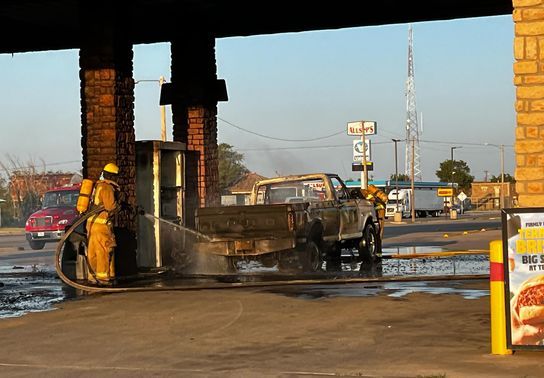 Image for story: Pickup truck explodes at Claude gas station; no injuries reported