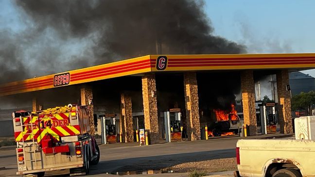 A pickup truck exploded after catching fire at the gas pump at the Cefco in Claude. (Courtesy: Kate Butler)