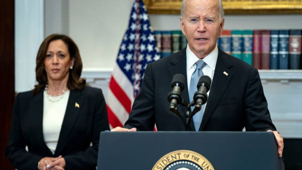 US Vice President Kamala Harris, left, and President Joe Biden in the Roosevelt Room of the White House in Washington, DC, US, on Sunday, July 14, 2024. "We must unite as one nation to demonstrate who we are," Biden said after Donald Trump was shot in the right ear during a rally on Saturday. Photographer: Bonnie Cash/UPI/Bloomberg via Getty Images