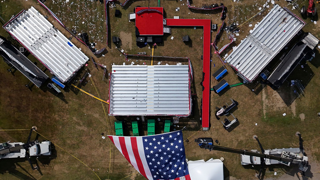 This aerial photo of the Butler Farm Show, site of the Saturday, July 13, 2024 Trump campaign rally, shown Monday, July 15, 2024 in Butler, Pa. (AP Photo/Gene J. Puskar)