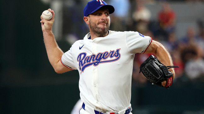 Texas Rangers starting pitcher Max Scherzer (31) delivers in the first inning of a baseball game against the Chicago White Sox Thursday, July 25, 2024, in Arlington, Texas. (AP Photo/Richard W. Rodriguez)