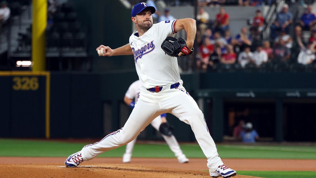 Texas Rangers starting pitcher Max Scherzer (31) delivers in the first inning of a baseball game against the Chicago White Sox Thursday, July 25, 2024, in Arlington, Texas. (AP Photo/Richard W. Rodriguez)