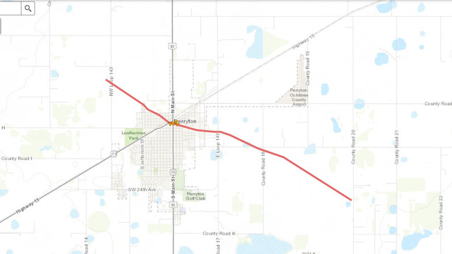 Map showing the path of the EF3 tornado that hit Perryton on June 15, 2023 (Credit: NOAA/NWS)