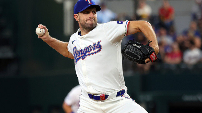 Texas Rangers starting pitcher Max Scherzer (31) delivers in the first inning of a baseball game against the Chicago White Sox Thursday, July 25, 2024, in Arlington, Texas. (AP Photo/Richard W. Rodriguez)