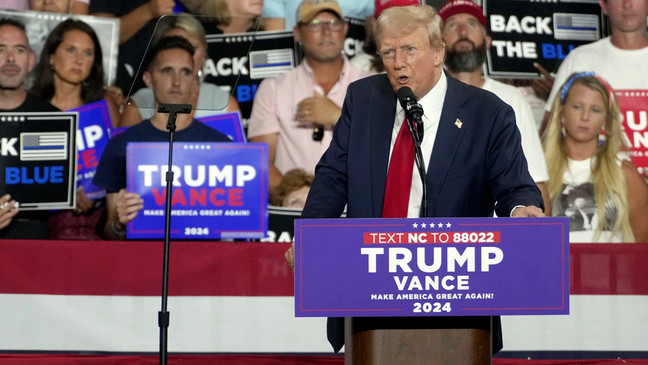 Republican presidential candidate former President Donald Trump speaks at a campaign rally in Charlotte, N.C., Wednesday, July 24, 2024. (AP Photo/Matt Kelley)