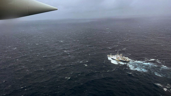 ATLANTIC OCEAN - JUNE 21: In this U.S. Coast Guard handout, a Coast Guard Air Station Elizabeth City, North Carolina HC-130 Hercules airplane flies over the French research vessel, L'Atalante approximately 900 miles East of Cape Cod during the search for the 21-foot submersible, Titan, June 21, 2023 over the Atlantic Ocean. The unified command is searching for five people after the Canadian research vessel Polar Prince lost contact with their submersible during a dive to the wreck of the Titanic on June 18, 2023. (Photo by U.S. Coast Guard via Getty Images)