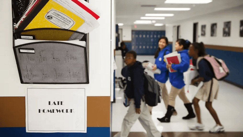 Students enter a classroom at one of the 11 Houston-area campuses of Yes Prep, a public charter school system. (Credit: Michael Stravato for The Texas Tribune)